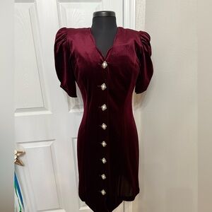 JODI MICHAELS Vintage Burgundy Velvet Button Dress 1980s/90s Vamp Regency Size 7